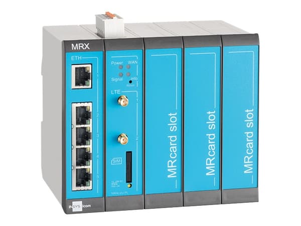 INSYS icom MRX5 LTE Modulaarinen 4G matkapuhelinreititin maailmanlaajuiset taajuuskaistat VPN 5xEthernet 10/100BT 2xdig.in MRcard-paikat 3xvapaa