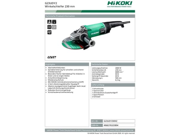 HIKOKI VINKELSLIPPER 230mm 2600W G23UDY2 GLATT START
