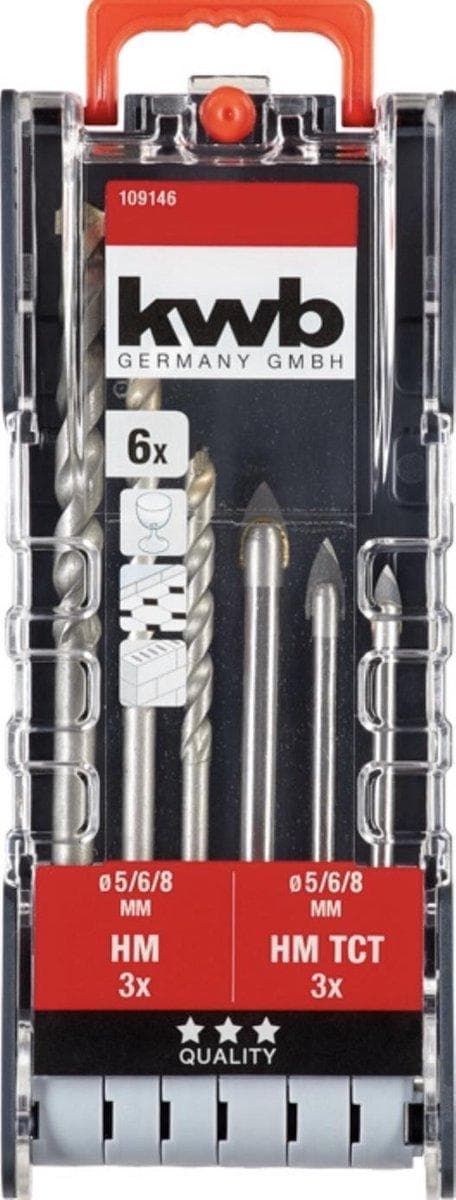 kwb 109146 Glasboorset 6 stk 5 mm, 6 mm, 8 mm Snelspanboorhouder, Tandkransboorhouder 6 stuk(s)