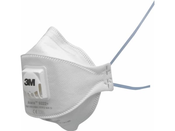 3M 9322+, Flatfoldet, FFP2, Hvit, Monoton, Aluminium, Polypropylen (PP), Polyuretan (PU), En Størrelse