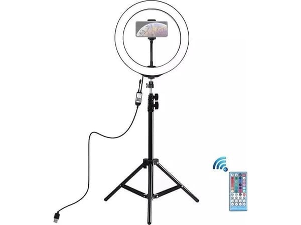 Puluz LED-ringlampe 26 cm, med stativ på opptil 1,1 m og telefonholder, USB (PKT3043)