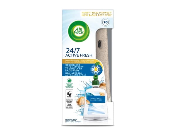 Air Wick Air Wick Active Fresh automaattinen ilmanraikastin, jossa on vesipohjainen koostumus ja Sea Breeze -täydennystankkaus 228ml