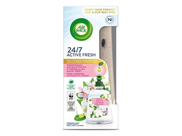 Air Wick Active Fresh automaattinen ilmanraikastin, jossa on vesipohjainen koostumus ja White Flowers -täydennys 228ml