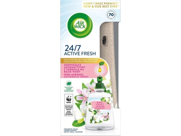 Air Wick Active Fresh automaattinen ilmanraikastin, jossa on vesipohjainen koostumus ja White Flowers -täydennys 228ml