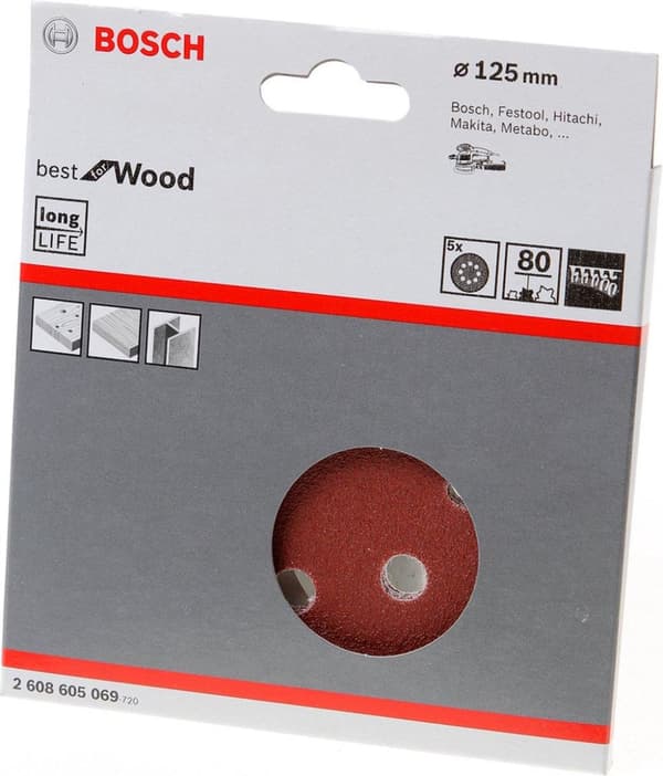 Bosch 2608900805 EXPERT Hiomapaperi C470 Paras puulle ja maalille, halkaisija 125 mm, karkeus 80, 8 reikää, 5x