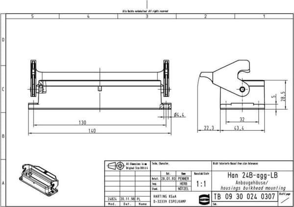 Overflademonteret hus Han® 24B-agg-LB 09 30 024 0307 Harting 1 stk.