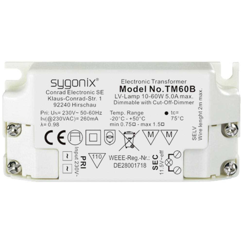 Sygonix SY-5044240 12 V 10 - 60 W Dimbar med fasintervalldimmer