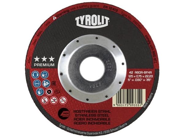 TYROLIT Kapskiva 42 ø125x0,75x22,23 mm, A60R-BFXAPREMIUM supertunna kapskivor för rostfritt stål, för högre prestanda samtidigt som - (25 st)