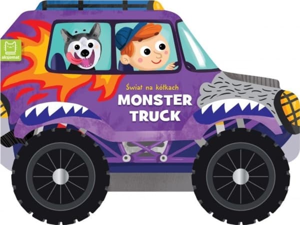 Kirja, jossa on pyörät. pyörillä liikkuva maailma. monster truck