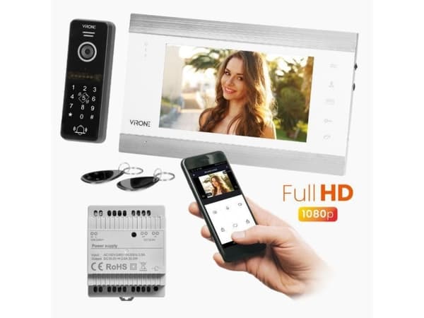 Orno WIFIS Full HD videointercomsett (håndsettløst, kryptering, nærhetsleser, applikasjonskontroll, strømkilde for DIN-skinne, hvit)