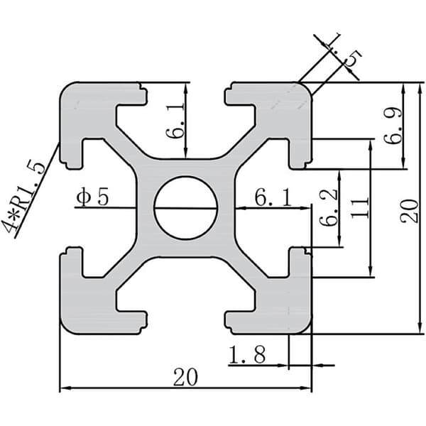 TRU COMPONENTS 2020A TC-10493168 Sträv-profil Aluminium eloxerad 1000 mm x 20 mm x 20 mm 1 st