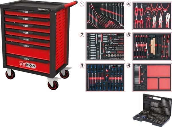 KS TOOLS Werkzeuge-Maschinen GmbH RACINGline SCHWARZ/ROT Korjaamovaunu, jossa 7 laatikkoa ja 598 premium-työkalua (826.7598)