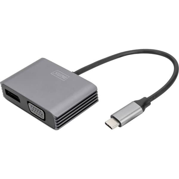Digitus DA-70827 DisplayPort / RGB / USB-C® Adapter [1x USB-C® - 2x DisplayPort hona, VGA hona] Svart Skärmad, Rund 0.2 Svart