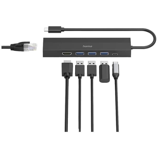 Hama 6 Port USB-Hub 3.0 med snabb-laddning, med USB-C-kontakt, Ultra HD-kapabel Svart