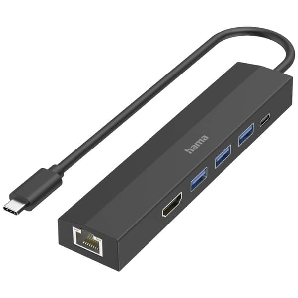 Hama 6 Port USB-Hub 3.0 med snabb-laddning, med USB-C-kontakt, Ultra HD-kapabel Svart