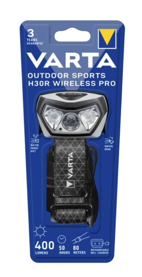 VARTA Outdoor Sports H30R Wireless Pro pandelampe med batteri Genopladelig udendørs sportslygte med op til 400 lm, innovativ trådløs opladningsteknolo Sort