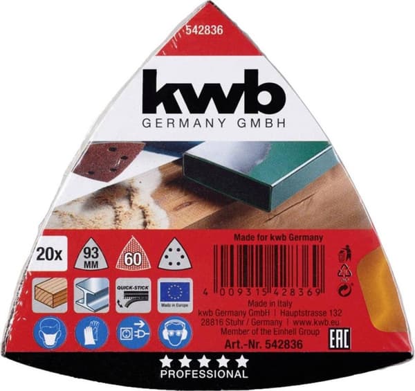 kwb 542836 delta sandpappersset kornnummer 60 bredd över hörnen 93 mm 1 st (542836)