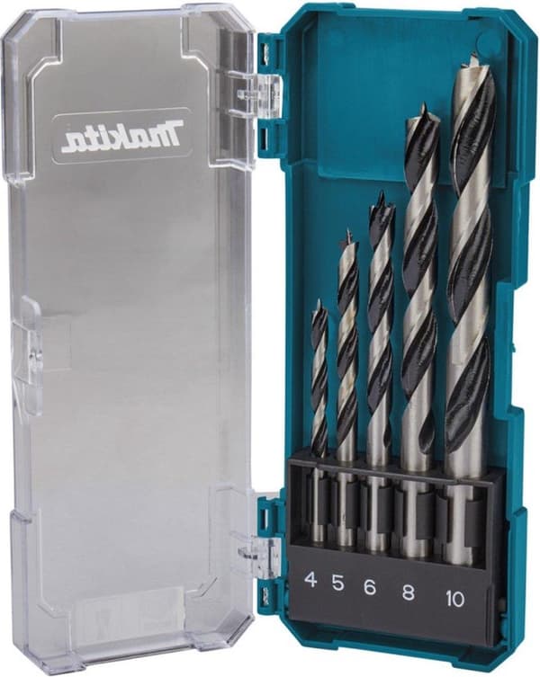 Makita - Boresæt - til spånplader, krydsfiner, nåletræ, hårdttræ, fineret træ - Forstner bits - 5 stykker - 5mm, 6mm, 8mm, 10mm, 4mm - til Makita DDF4