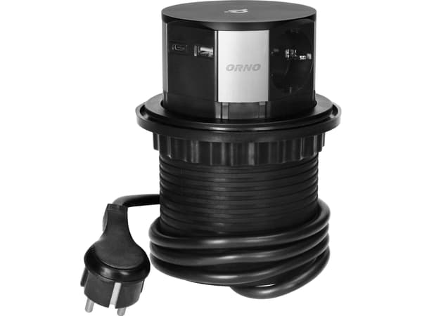 Orno Möbeluttag 10 cm utdragbart med induktiv laddare, USB-laddare och 1,5 m kabel, 3x2P+Z (Schuko), Qi 1.2.4 max. 10 W, 2xUSB QC 3.0