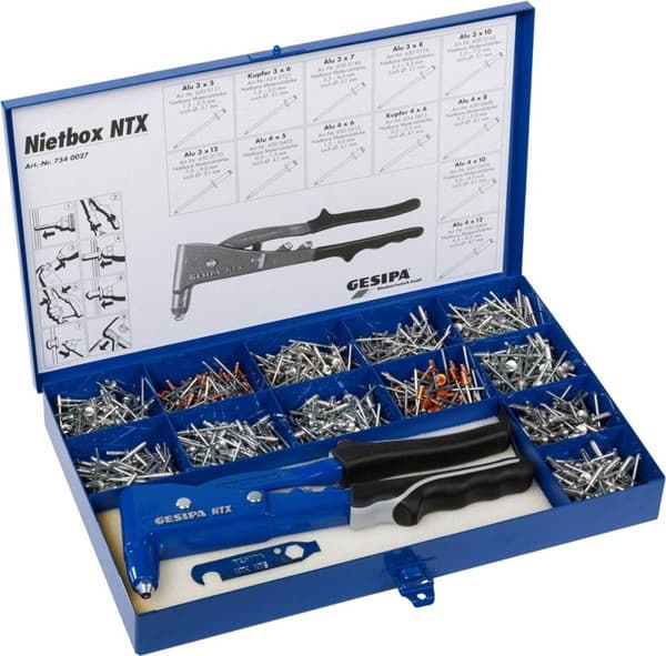 GESIPA blindnittesæt med tang NTX 2,4-5mm 942 stk. Størrelse 340x205x40mm GESIPA i blikkasse (7540027)