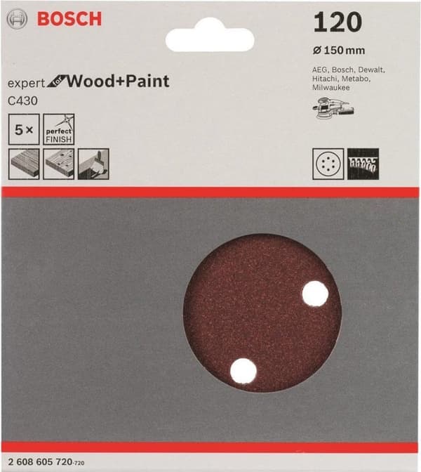 Bosch Expert för trä och färg C430 - sandpapper - för trä, lövträ, färg, fanerat trä, lack, spackel - 5 stycken - skiva - kornstorlek: 120 - 150 mm (2