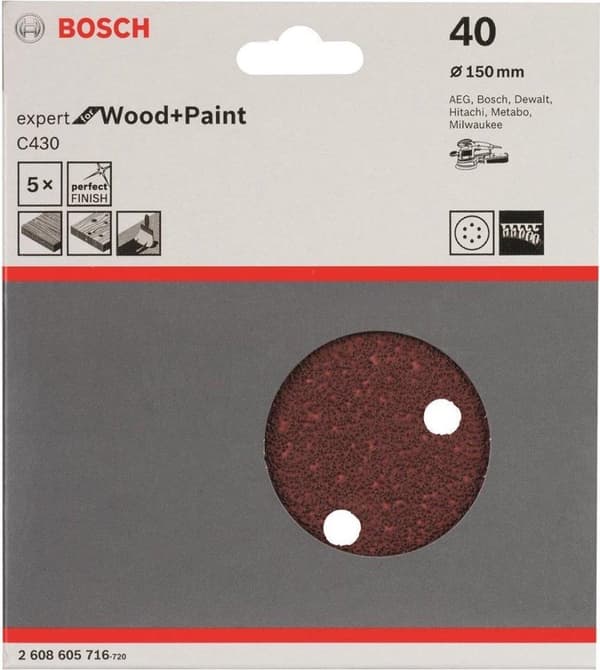 Bosch Expert til træ og maling C430 - sandpapir - til træ, maling, lak, spartelmasse, grunder - 5 stk - rund - kornstørrelse: 40 - 150 mm (2608605716)