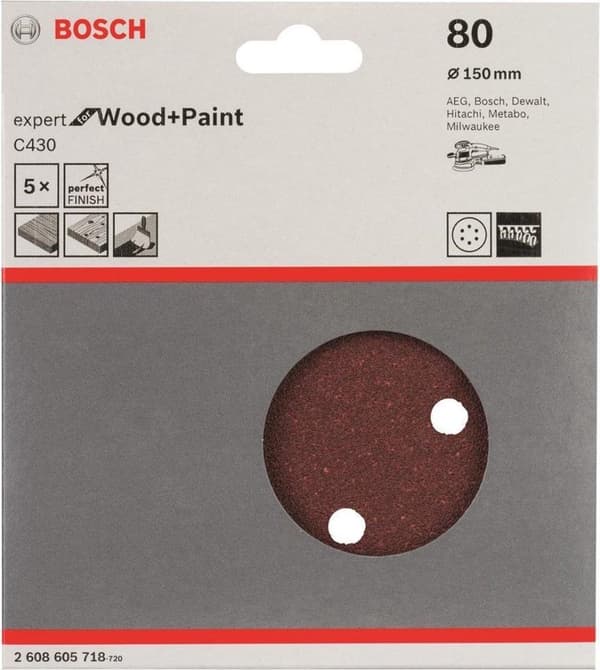 Bosch Expert til Wood+Paint C430 - sandpapir - til træ, hårdttræ, fineret træ, massive overflader, maling på træ - 5 stk - rund - kornstørrelse: 80 -