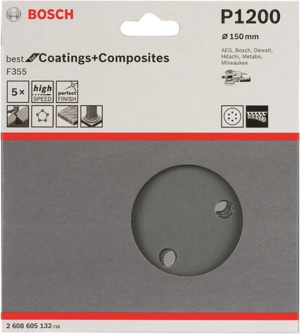 Bosch excentrisk slippapper med kardborre, perforerad ådring 1200 (Ø) 150 mm Bäst för sten 2608605132 5 st (2608605132)