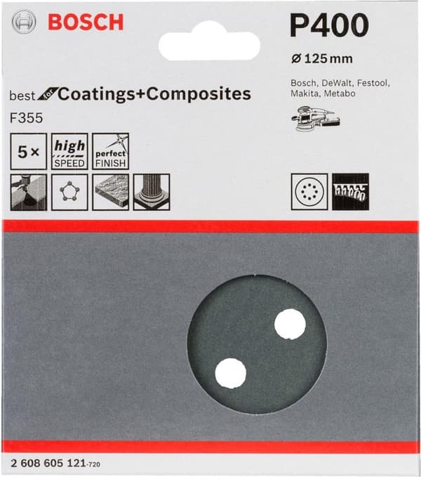 Bosch random orbitaalihiomapaperi tarranauhalla, rei'itetty rakeisuus 400 (Ø) 125 mm Best for Stone 2608605121 5 kpl (2608605121)