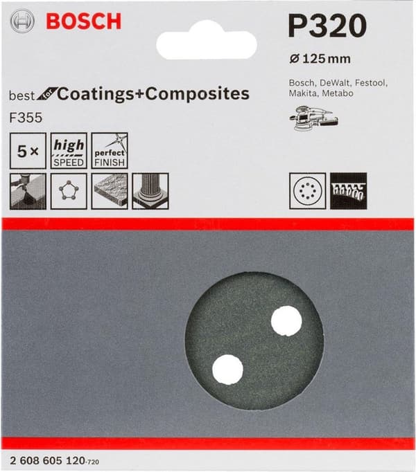 Bosch random orbitaalihiomapaperi tarranauhalla, rei'itetty rakeisuus 320 (Ø) 125 mm Best for Stone 2608605120 5 kpl (2608605120)