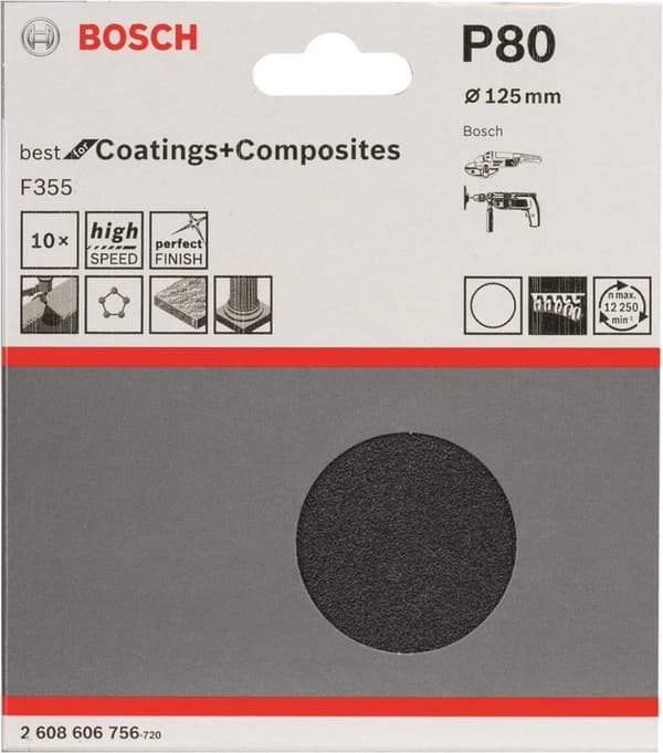 Bosch best for Coatings+Composites F355 - hiomatyyny - muoville, kovalle kivelle - 10 kappaletta - 125 mm - pyöreä - karkeus: P80 (2608606756)