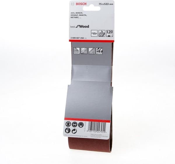 Bosch Best för trä och färg X440 - Slipband - för trä, färg - korn: 120 - 75 mm x 533 mm (paket med 3) (2608607258)