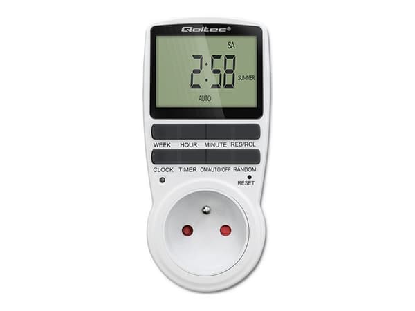 Qoltec PC0628 - Automatisk strømsvitsj - 16A, LCD - AC 230 V - 3680 watt - utgangskontakter: 1 - Europa - hvit