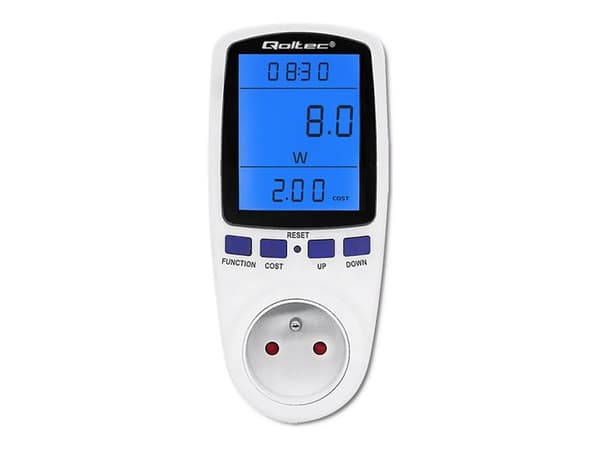 Qoltec PM0626 - Strømovervåkingsenhet - 16A, LCD - AC 230 V - 3680 watt - utgangskontakter: 1 - Europa - hvit