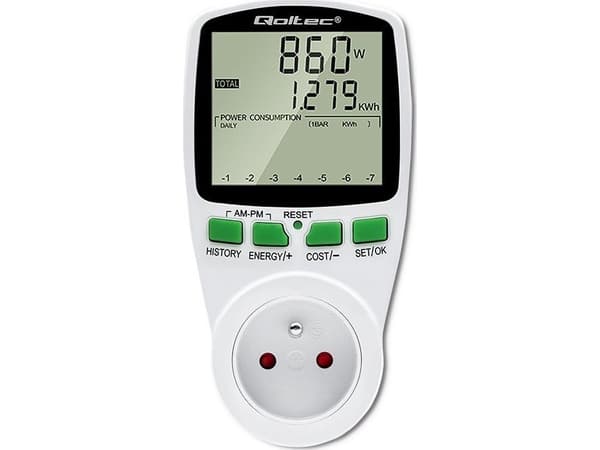 Qoltec Wattmeter PM0627 energiankulutusmittari mittaushistorialla| 3680W | 16A | LCD-näytön näyttö