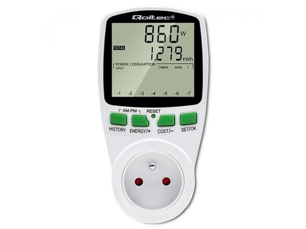 Qoltec Wattmeter PM0627 energiankulutusmittari mittaushistorialla| 3680W | 16A | LCD-näytön näyttö