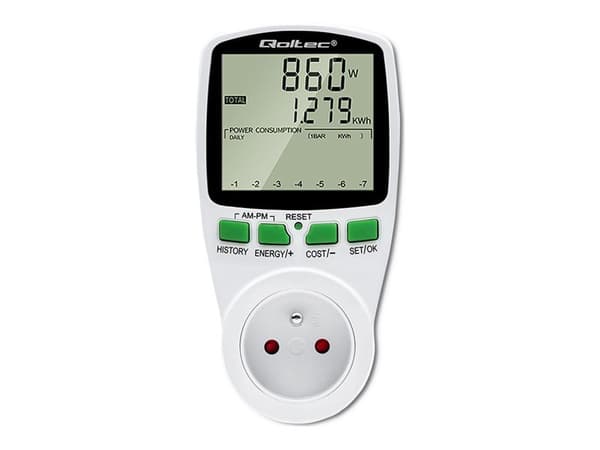 Qoltec Wattmeter PM0627 energiankulutusmittari mittaushistorialla| 3680W | 16A | LCD-näytön näyttö