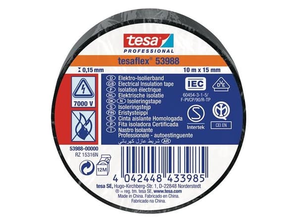 Isoleringstape sort - 15mm x 10m