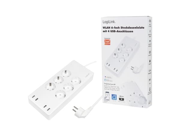 LogiLink SH0105, 6 AC-utganger, Type F, 1,8 m, Ledning & Trådløs, Hvit, Hvit
