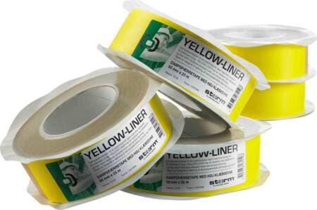 YELLOW-LINER-tejp 50 mm x25 m är en flexibel ångspärrtejp som används för permanent limning av ångspärrfilm