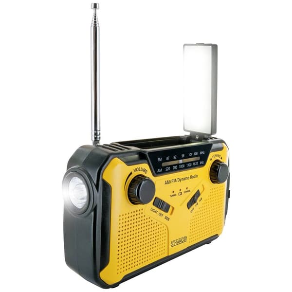 Utomhusradio Schwaiger FM, AM, FM Handvev, Solcellspanel, Stänkvattenskyddad, Stötsäker, Ficklampa Gul, Svart