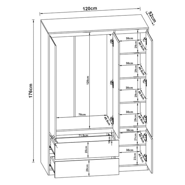 Klädskåp Bastheim med 4 dörrar 6 fack 2 lådor 176x120x52 cm vit ekfärg [en.casa]