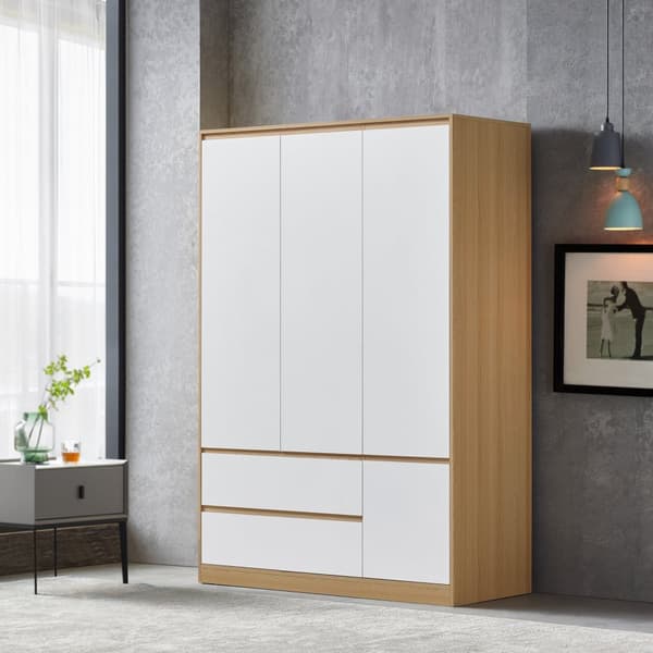 Klädskåp Bastheim med 4 dörrar 6 fack 2 lådor 176x120x52 cm vit ekfärg [en.casa]