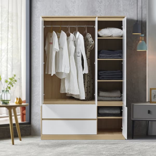 Klädskåp Bastheim med 4 dörrar 6 fack 2 lådor 176x120x52 cm vit ekfärg [en.casa]