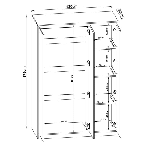 Klädskåp Bastheim med 3 dörrar 4 fack 176x120x52 cm vit ekfärg [en.casa]