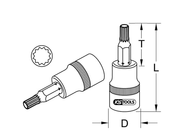 KS Tools 911.1344-E, Stikkontakt, 1/2", 1 hoder, M12, Kromvanadiumstål, DIN 3120, ISO 1174