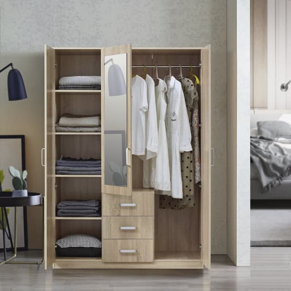 Klädskåp Bodolz garderob sonoma ek 176x120x52 cm lådor spegeldörr [en.casa]
