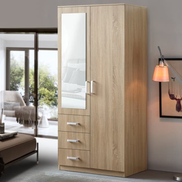 Klädskåp Bodolz garderob sonoma ek 176x80x52 cm lådor spegel [en.casa]
