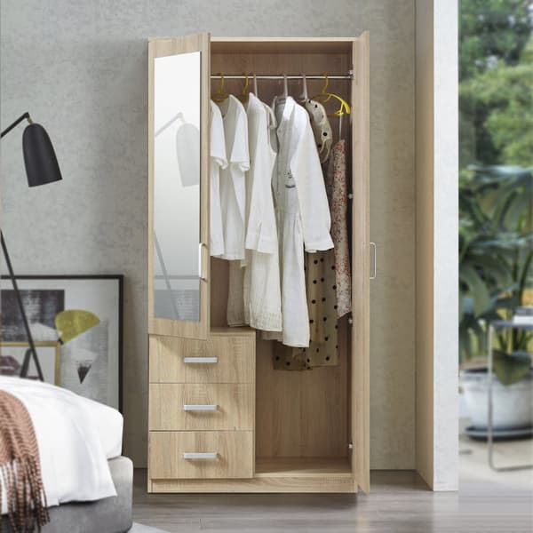 Klädskåp Bodolz garderob sonoma ek 176x80x52 cm lådor spegel [en.casa]