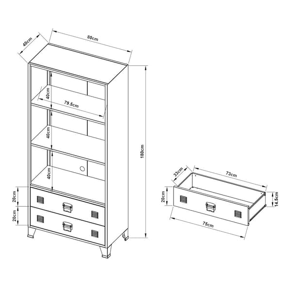 Bokhylla Hammarland med 2 lådor 180x80x40 cm svart [en.casa]
